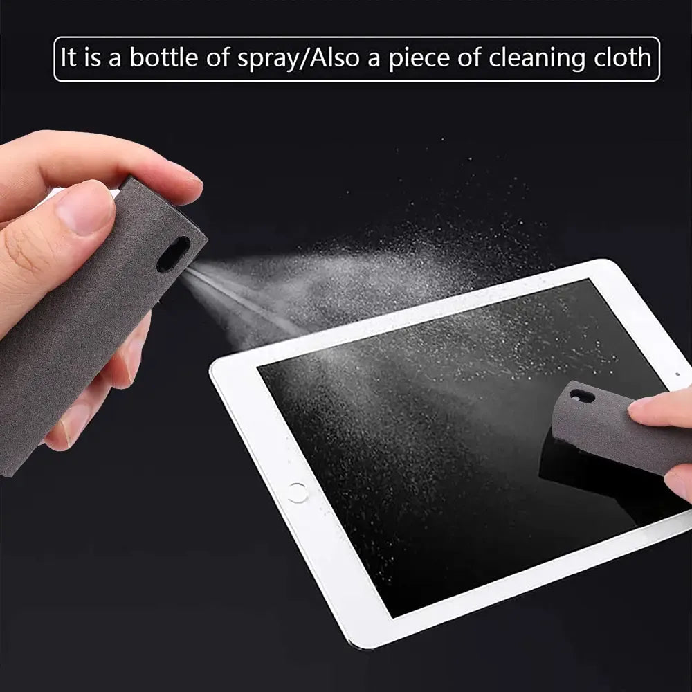 Two hands using spray bottles to clean a tablet screen with 
