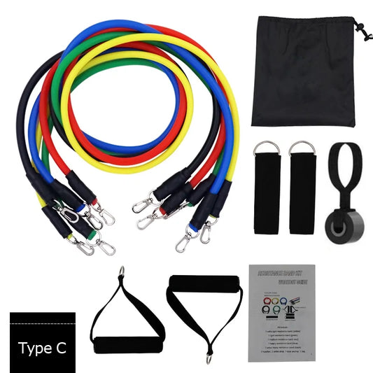 Type C resistance band set with colorful bands, handles, door anchors, storage bag, and instruction manual