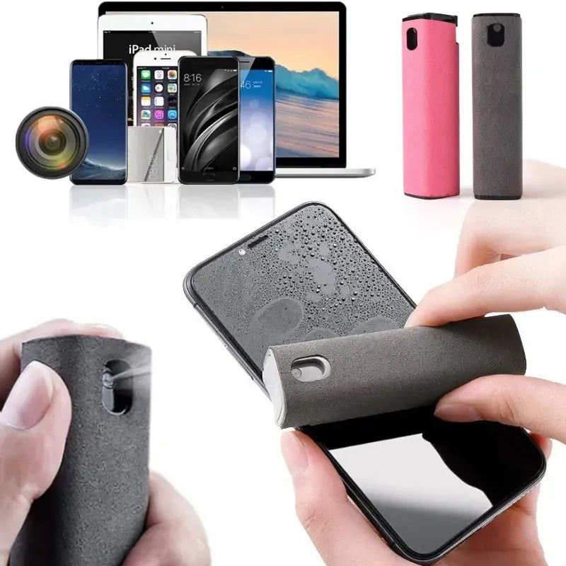 Various devices, a cylindrical screen cleaning spray, and wiping in use on a phone screen.