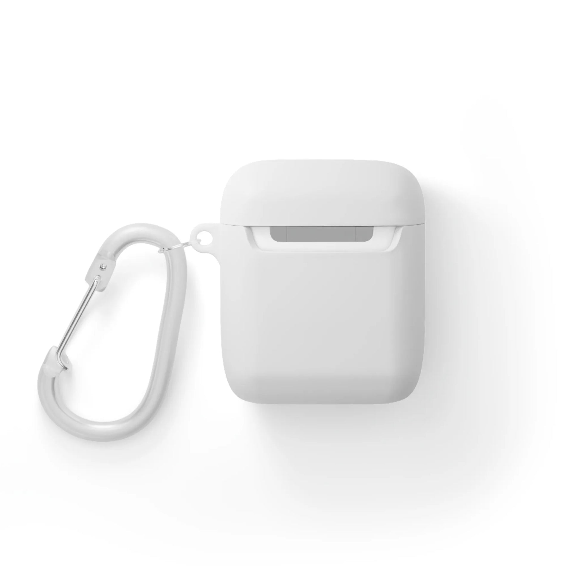 White AirPods case with an attached carabiner on a white background.