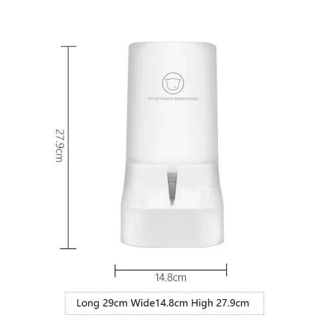 White automatic pet water dispenser with product dimensions showing height of 27.9 cm and width of 14.8 cm