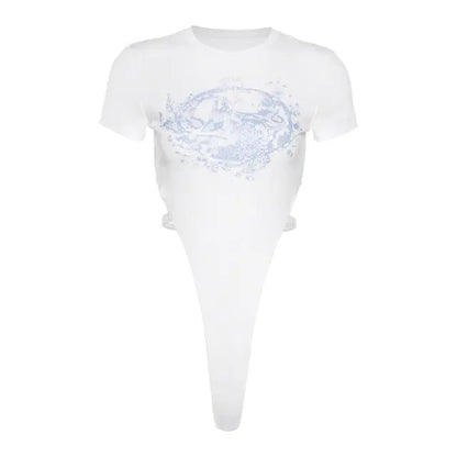 White bodysuit with light blue abstract pattern print, featuring side cutouts and a fitted silhouette