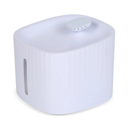 White cubic pet water fountain with rounded edges, featuring a top-mounted spout and small water level window