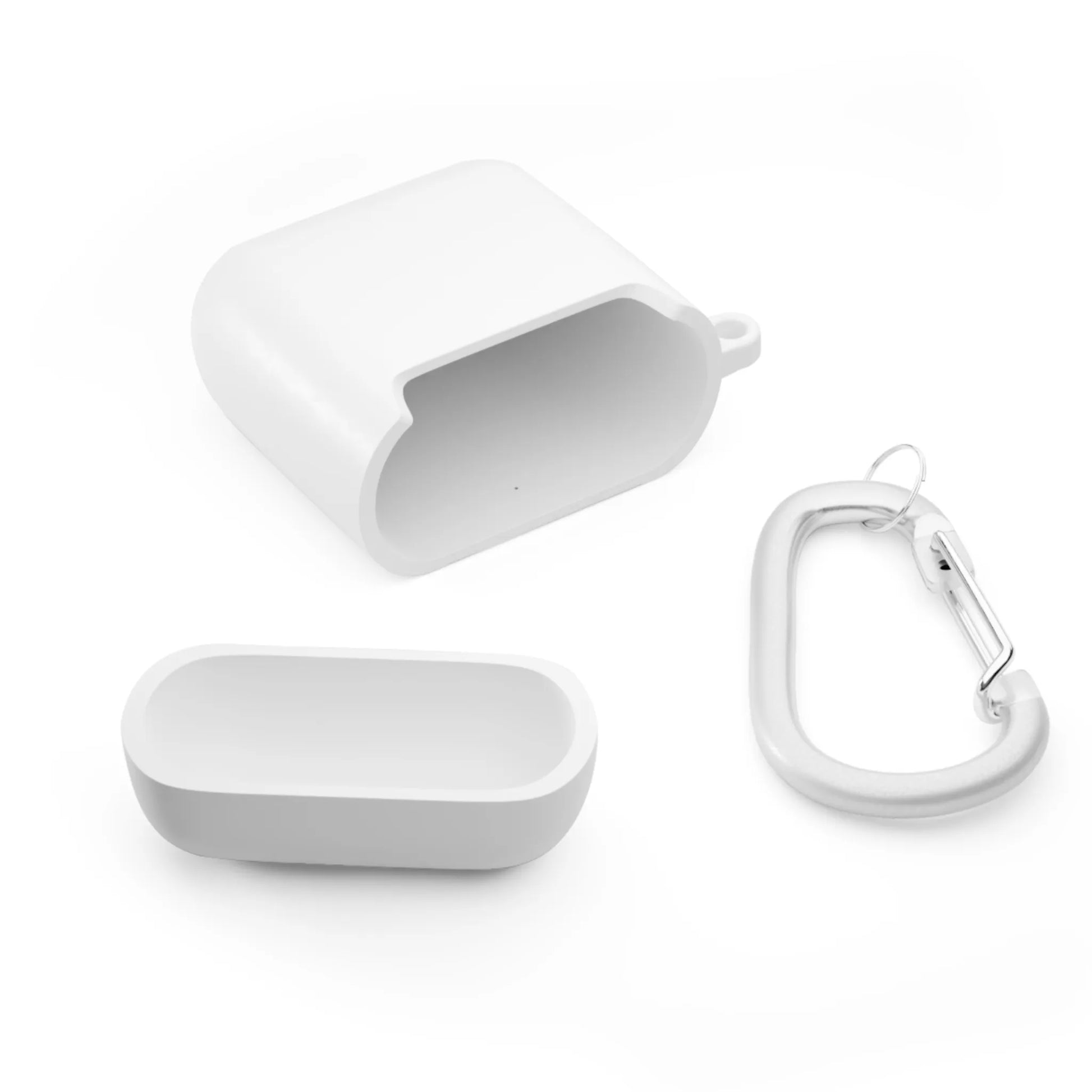 White earbud case with carabiner clip on a white background.