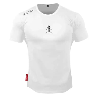 White fitted athletic t-shirt with warrior helmet and crossed swords logo, Japanese text detail