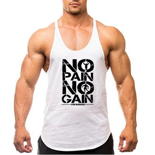 White gym tank top with black 'NO PAIN NO GAIN' text and bodybuilder silhouettes, shown on muscular model