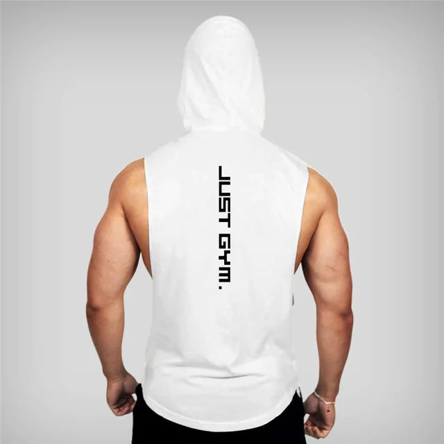 White hooded sleeveless workout top on muscular figure, "JUST GYM" text vertically down center back