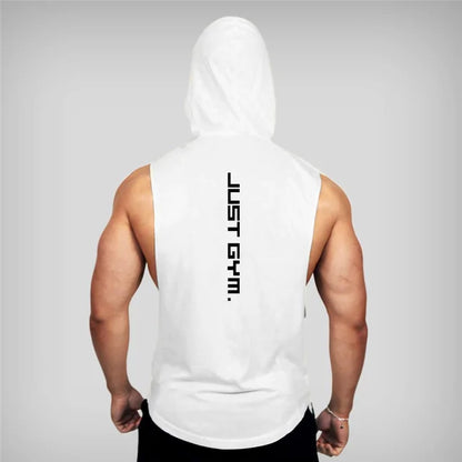 White hooded sleeveless workout top on muscular figure, "JUST GYM" text vertically down center back