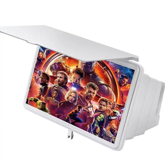 White phone screen magnifier displaying superhero movie poster with colorful cosmic background