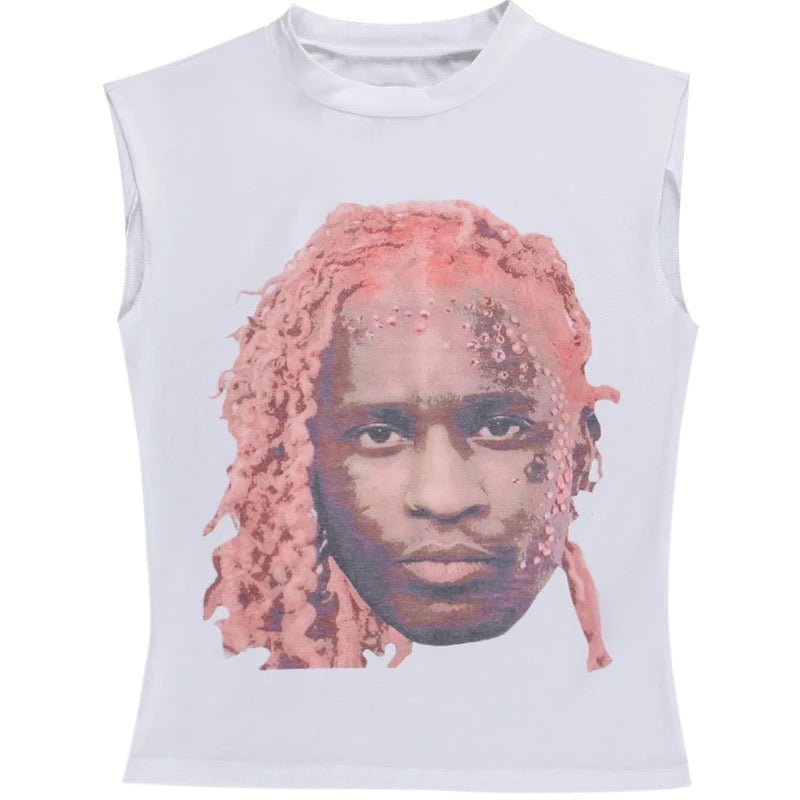 White sleeveless shirt featuring a graphic print of a person's face with pink dreadlocks