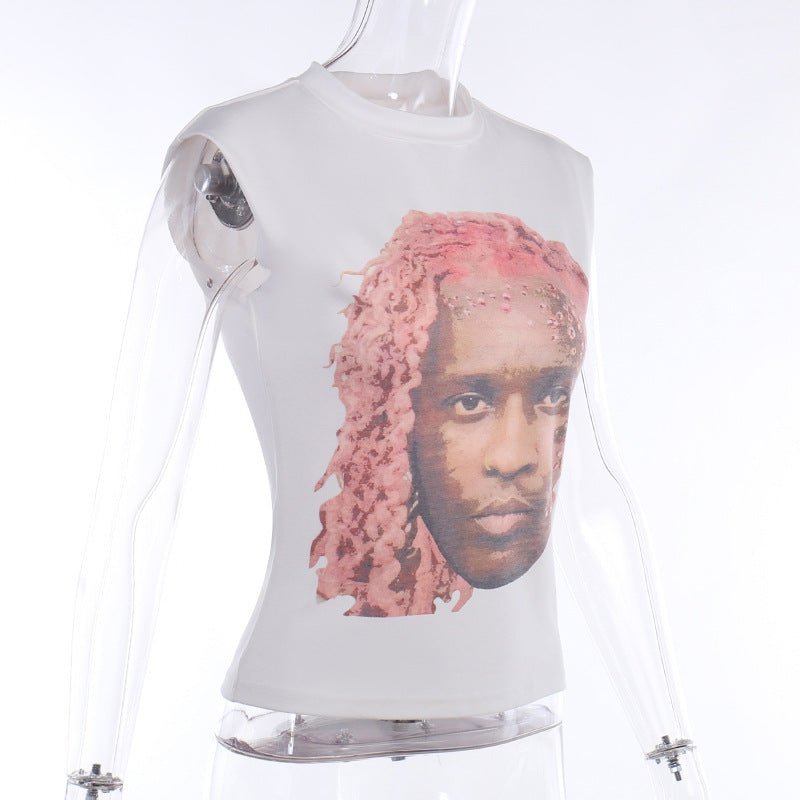 White sleeveless t-shirt featuring a graphic print of a person's face with pink hair