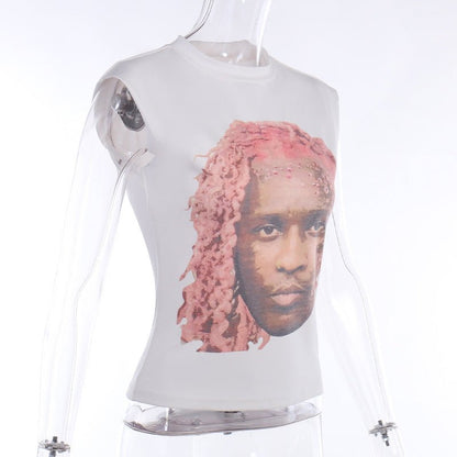 White sleeveless t-shirt featuring a graphic print of a person's face with pink hair