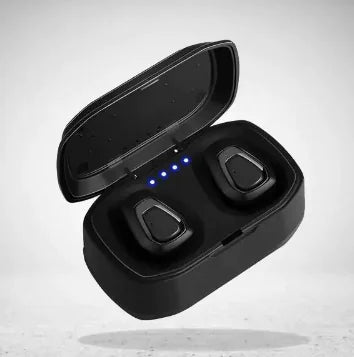 Wireless earbuds in an open charging case with blue LED lights on a gray background.