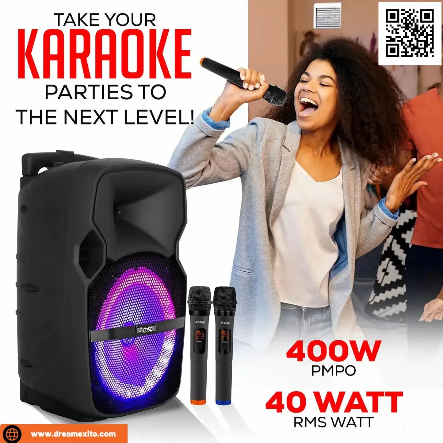 Woman singing karaoke with a large speaker and microphones displayed.