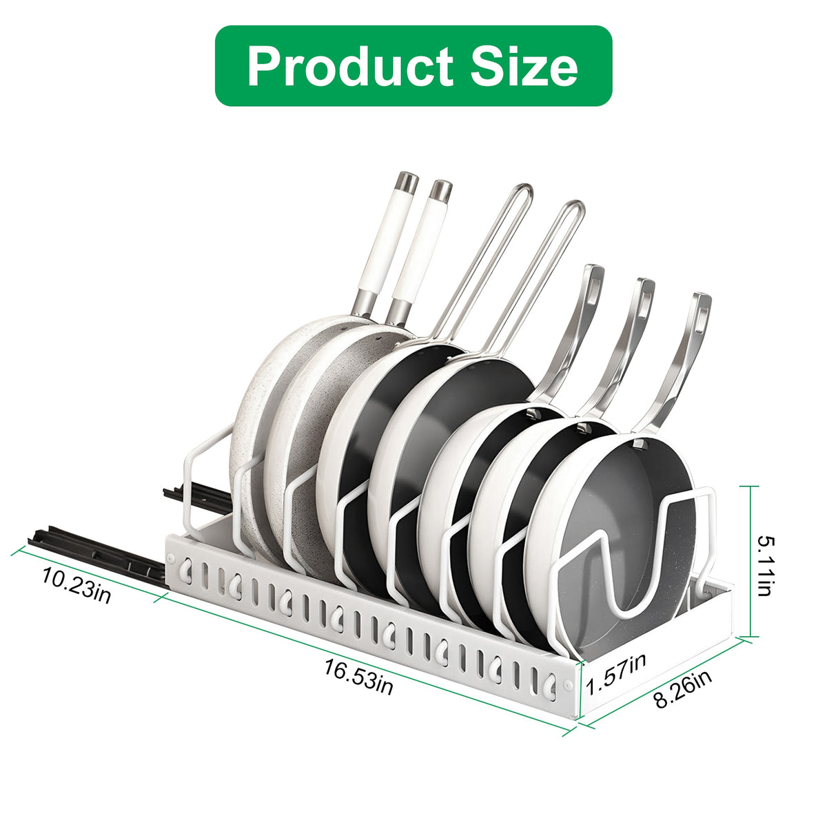 Pots and pans organizer with its size marked on the photo