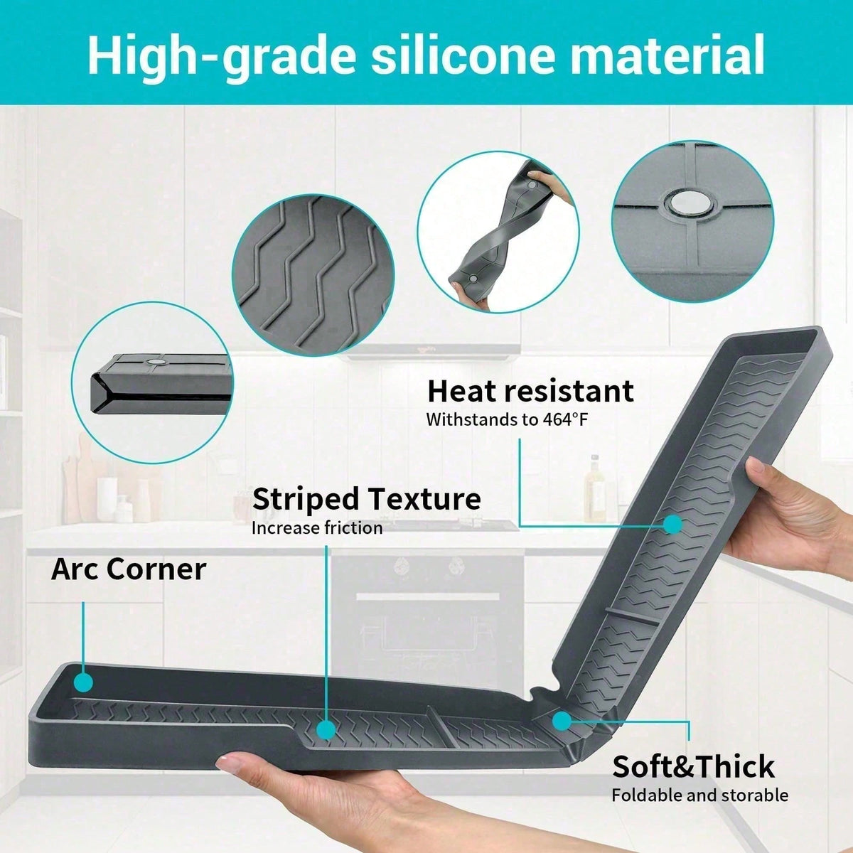 Grey silicone shelf folded to show its thickness, striped surface and rounded corner