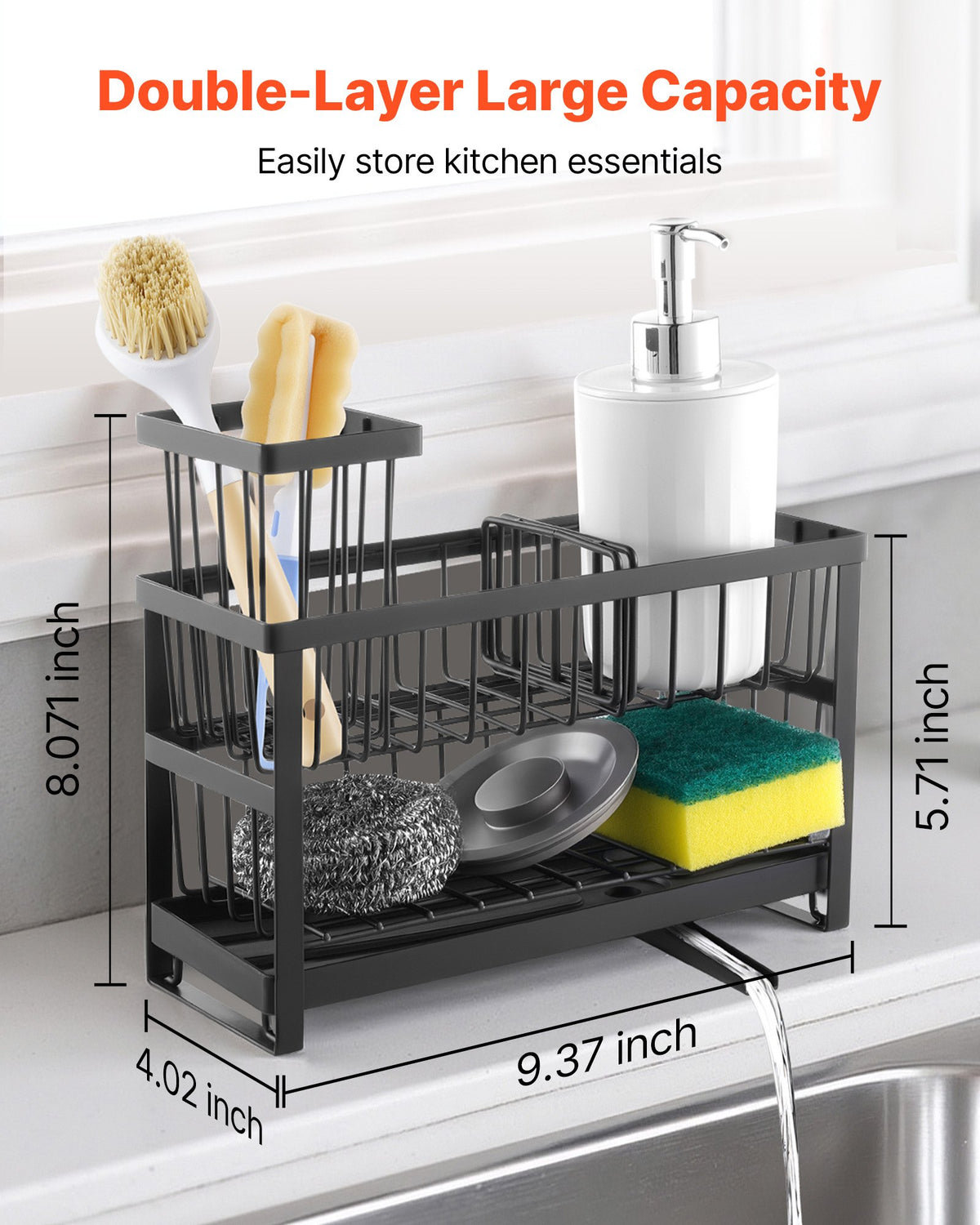 Sink caddy with its measurements marked in inches