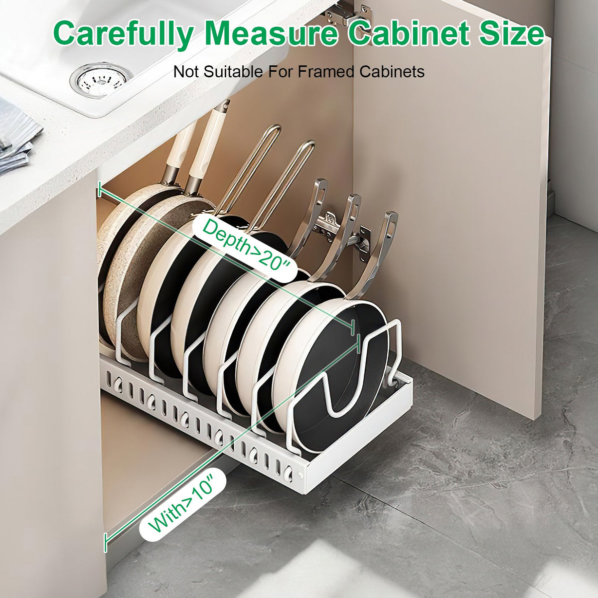 Organizer in a cabinet with the cabinet space it needs marked: at least 10 inches wide and 20 inches deep