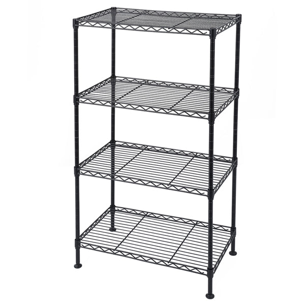 Black 4-tier wire shelf, seen from the side