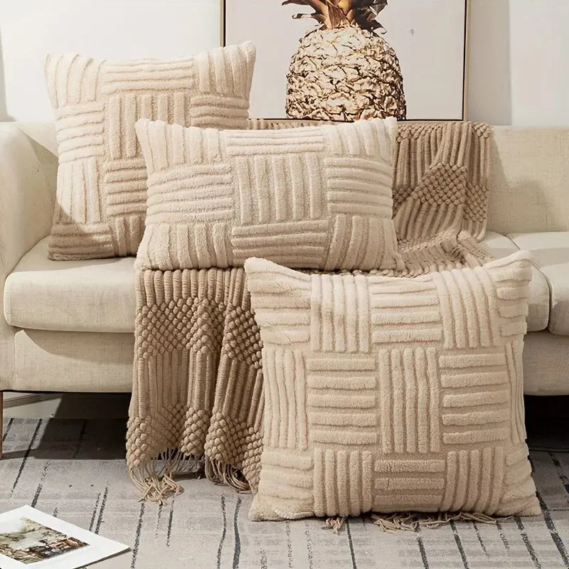 Khaki boho faux fur throw pillow cover on sofa