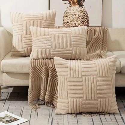 Khaki boho faux fur throw pillow cover on sofa