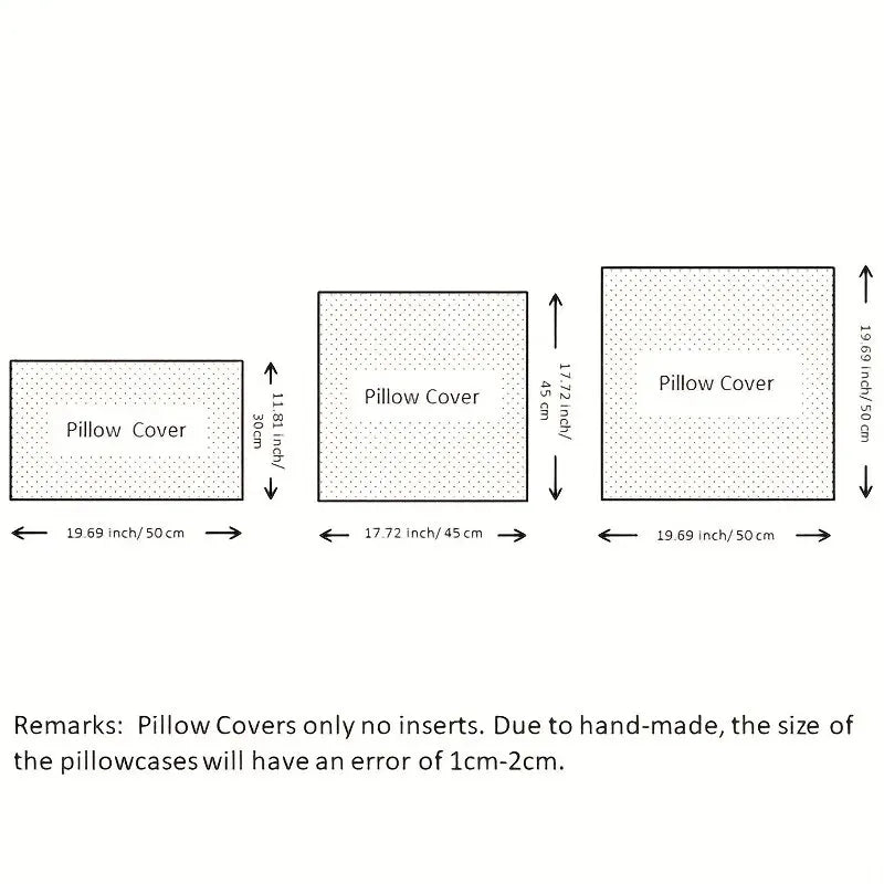 Size chart of boho faux fur throw pillow cover showing measurements