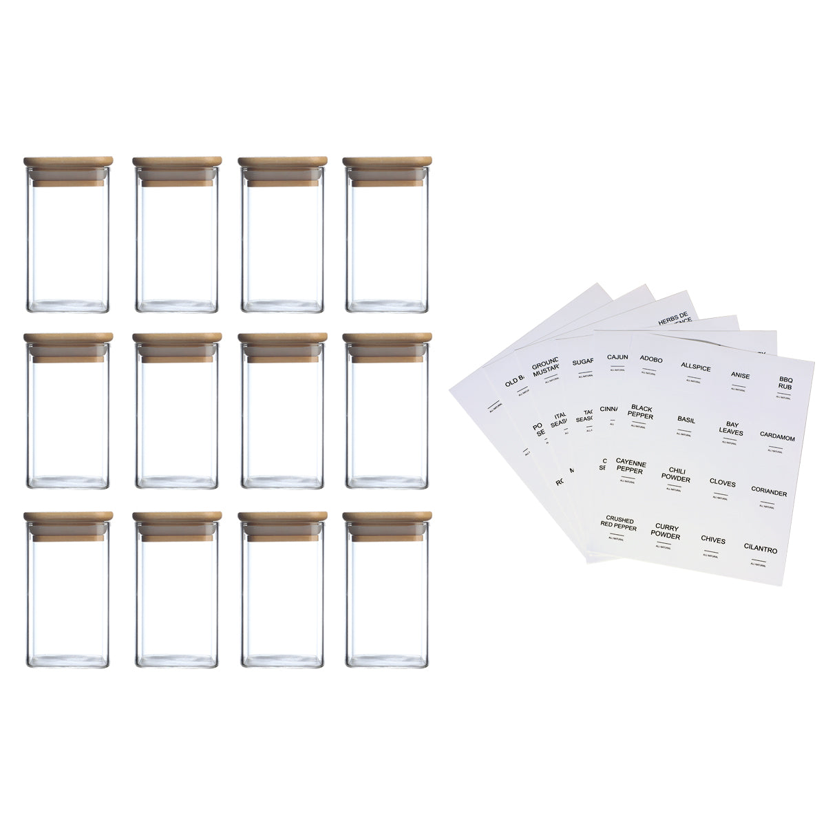 Twelve empty glass jars in rows next to sheets of label stickers