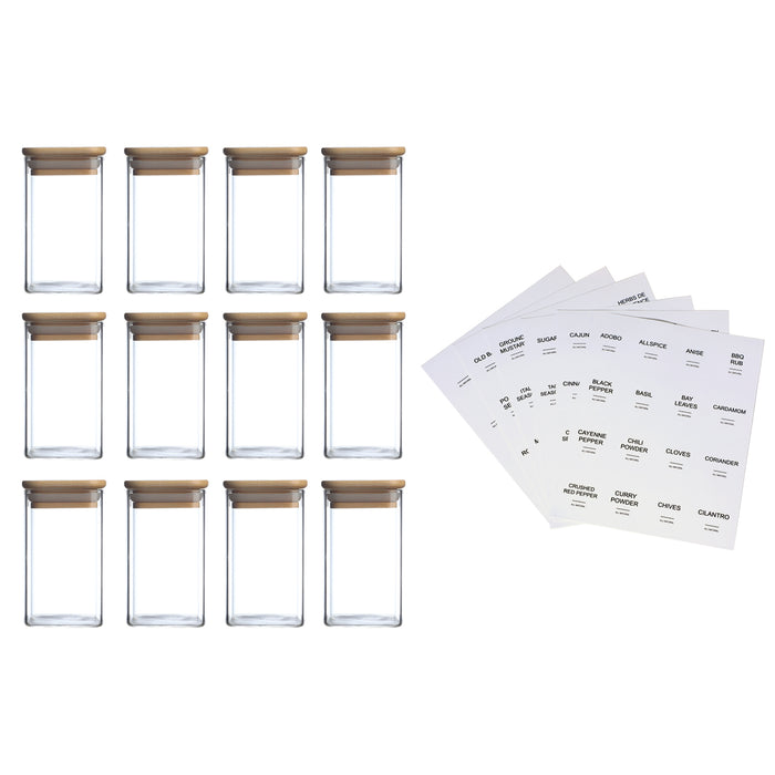 Twelve empty glass jars in rows next to sheets of label stickers