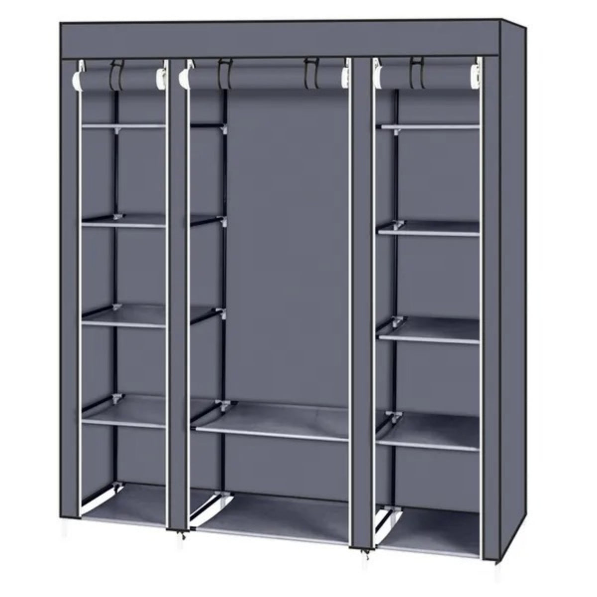 Grey portable closet with its fabric cover closed, front view