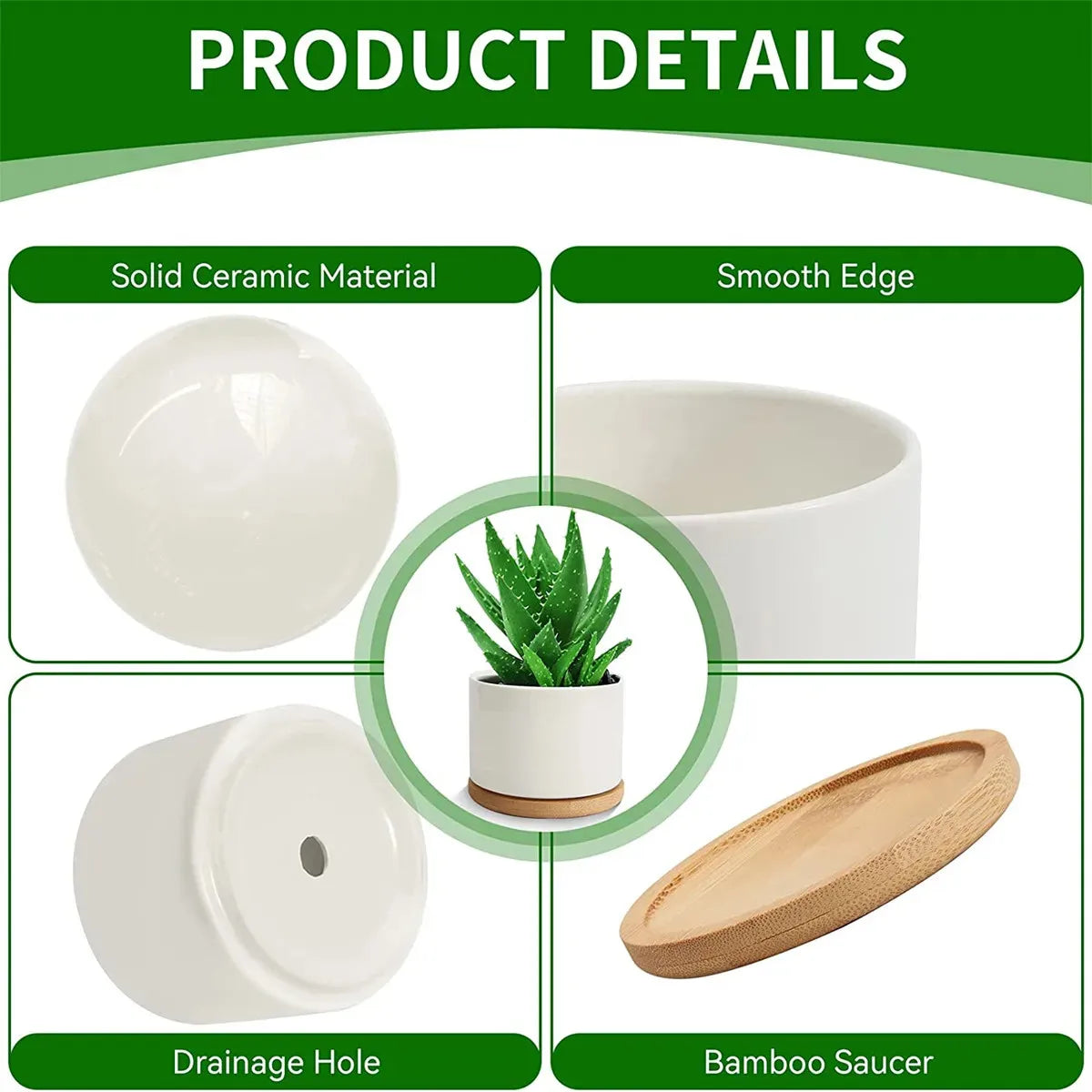 White ceramic planter with drainage hole and bamboo tray product details