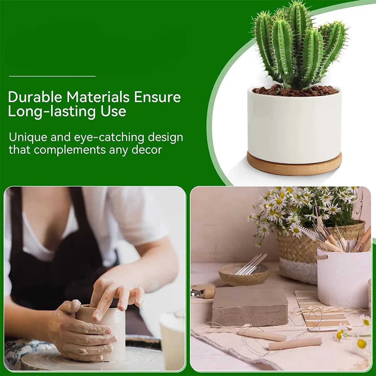 White ceramic succulent planter with bamboo tray on desk for home décor
