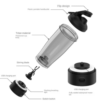 Exploded view of cup, flip lid, stirring blade, and detachable motor base components.