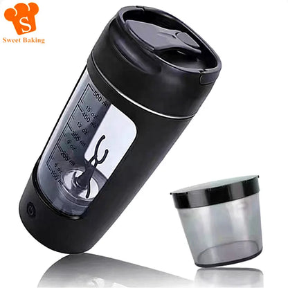 Black electric protein shaker bottle with matching powder storage cup for mixing shakes on the go.