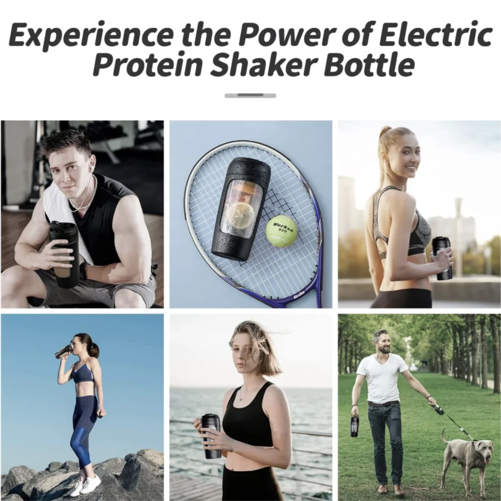Lifestyle collage showing people using the electric protein shaker bottle during fitness and travel.