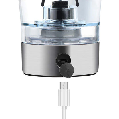Close up of electric protein shaker bottle USB charging port