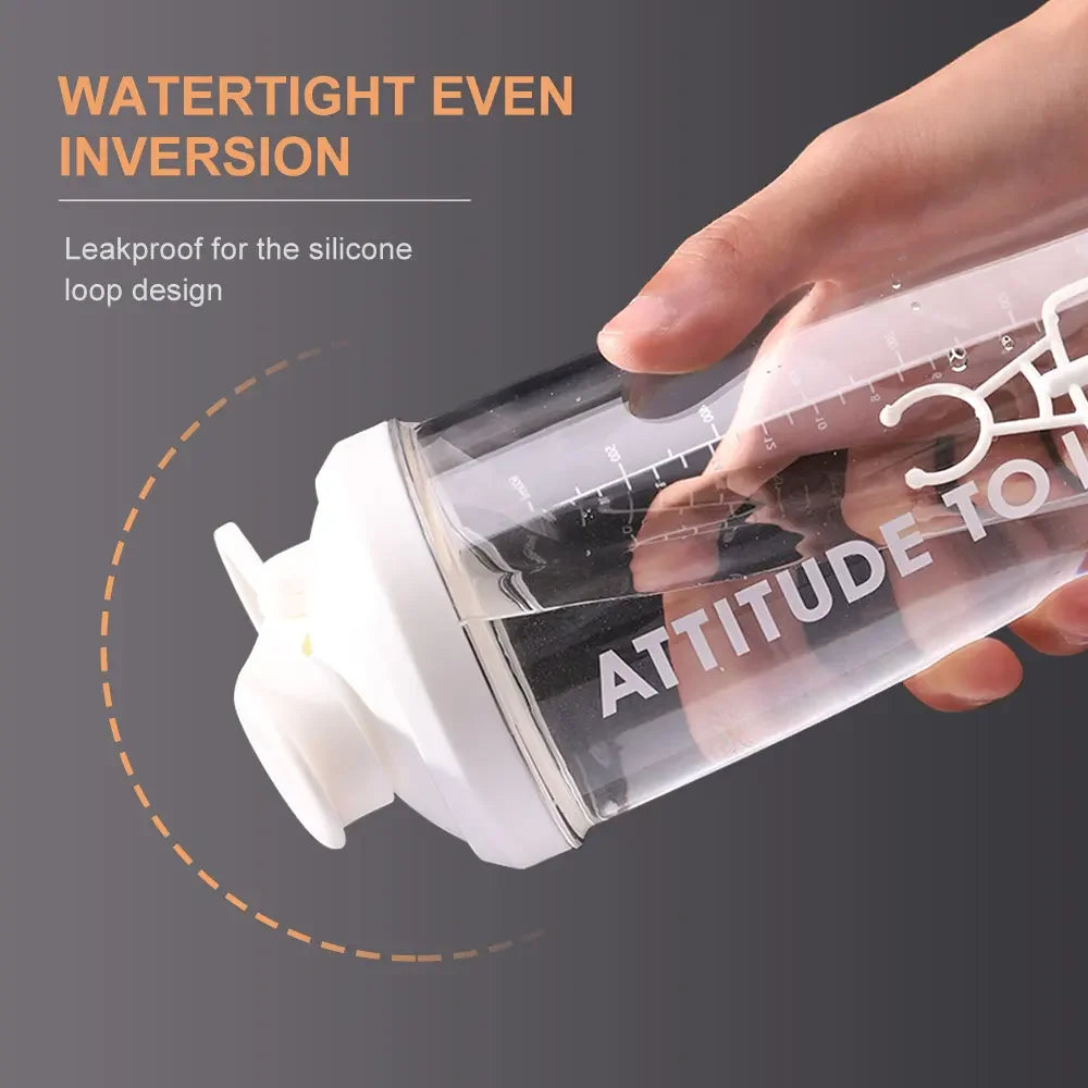 A white electric protein shaker is held upside down to show a watertight, leak-resistant lid.
