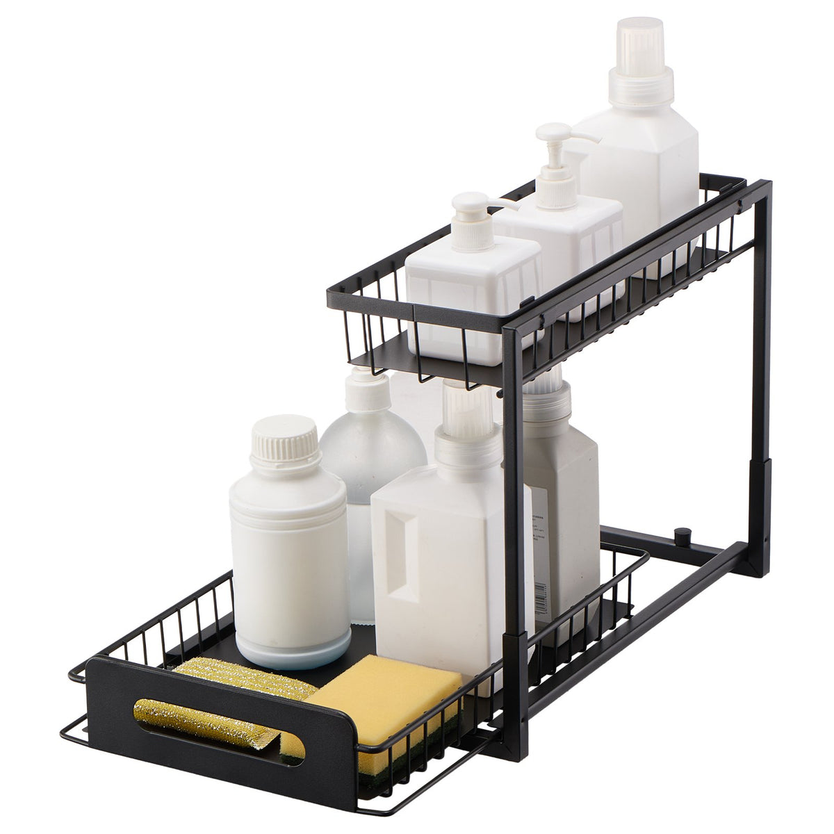 Black two-level pull-out organizer holding white bottles and a sponge