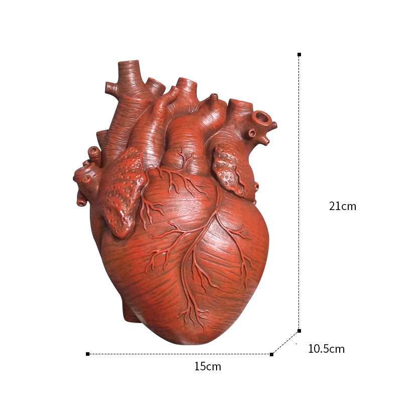 Medium red heart-shaped resin planter indoor vase with dimensions shown
