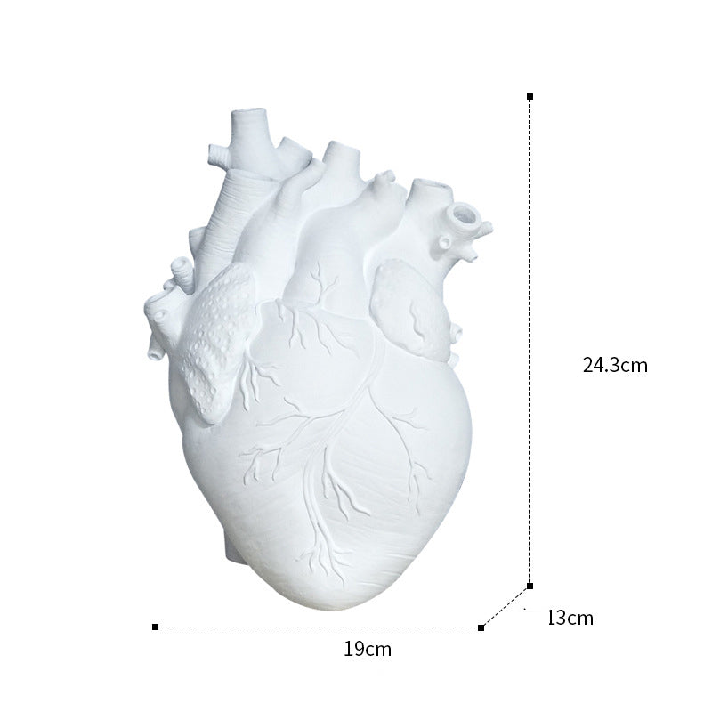 Large white heart-shaped resin planter indoor vase with dimensions shown