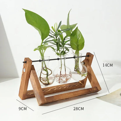 Wooden frame vase with two glass tubes displayed with size dimensions