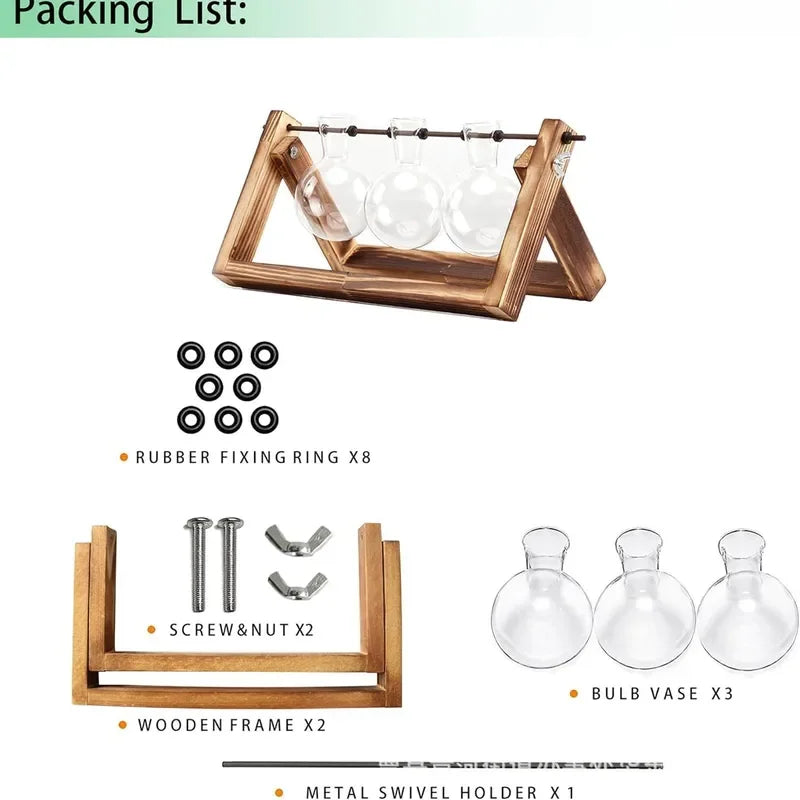 Triple glass tube vase with wooden frame and included accessories shown