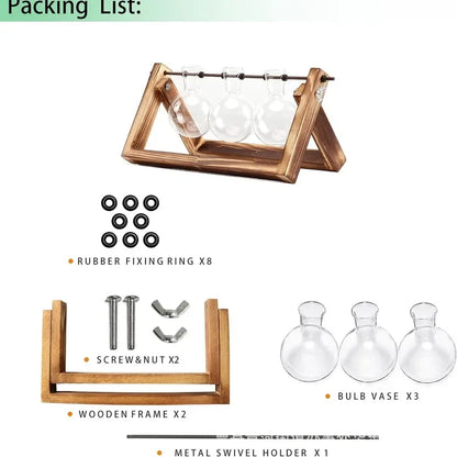 Triple glass tube vase with wooden frame and included accessories shown