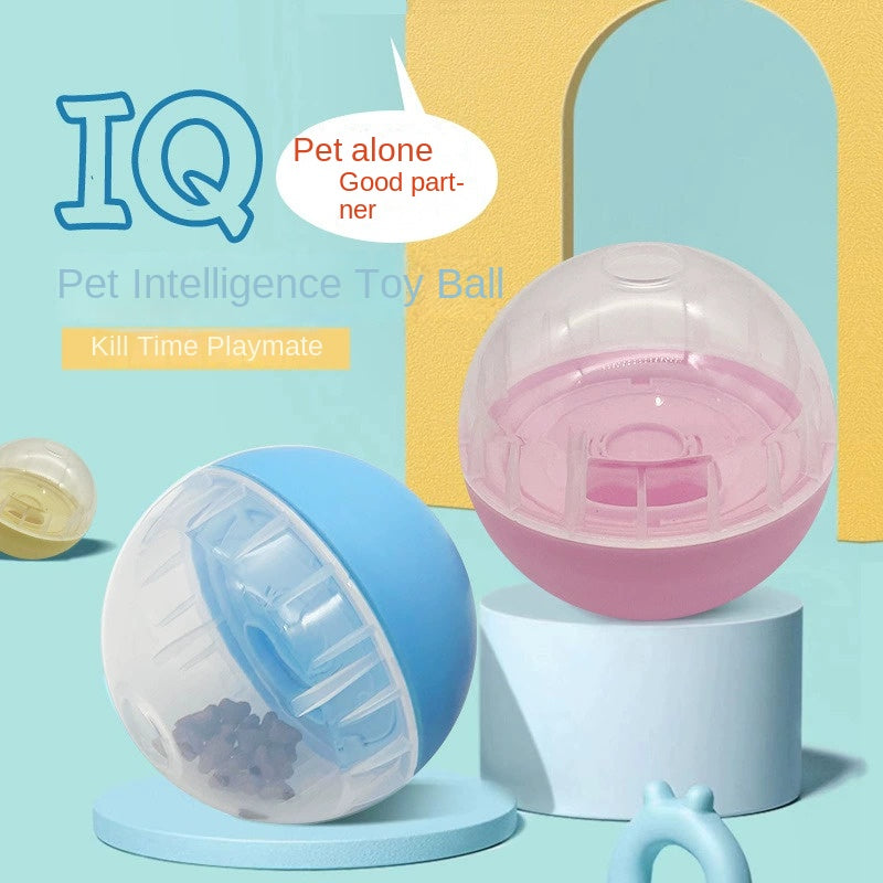 Blue and pink interactive feeder toy balls displayed side by side
