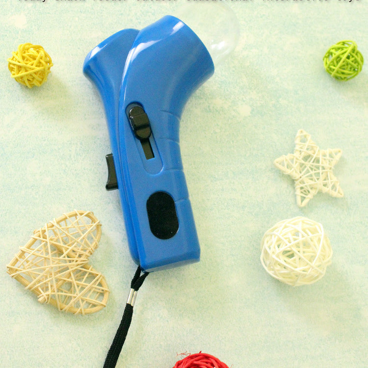 Blue interactive pet throwing toy displayed on surface with decor