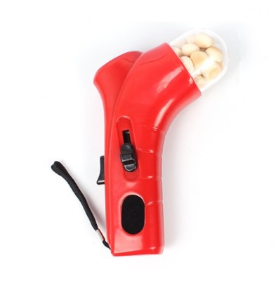 Red interactive pet throwing toy shown from the front view
