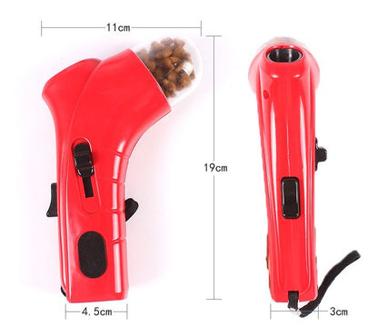Red interactive pet throwing toy with measurement dimensions