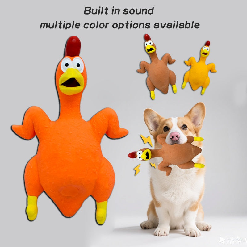 Orange latex scream chicken dog toy front view