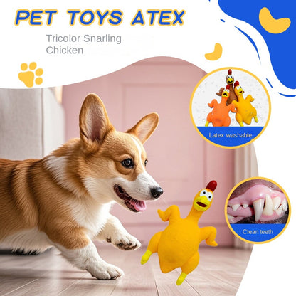 Yellow latex scream chicken dog toy shown with corgi for playtime