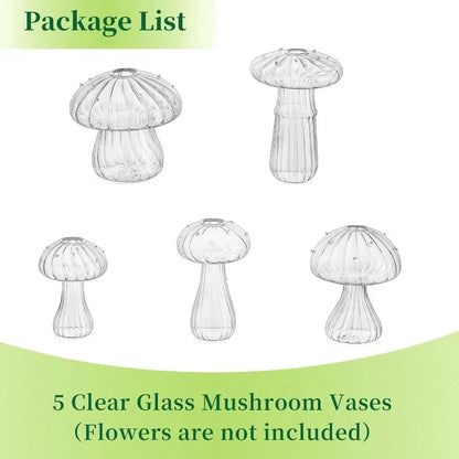 Package list showing five clear mushroom glass vases without flowers included