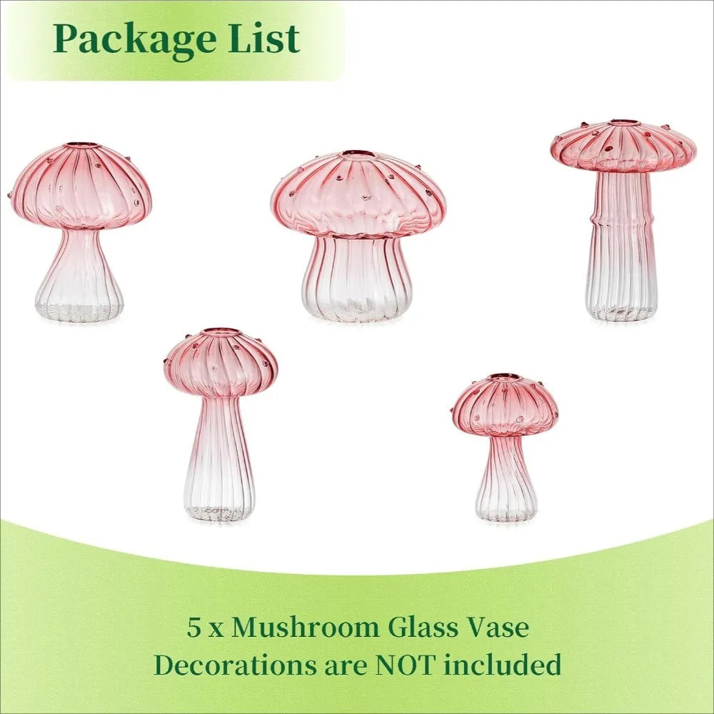 Package list showing five assorted colored mushroom glass vases without decorations included